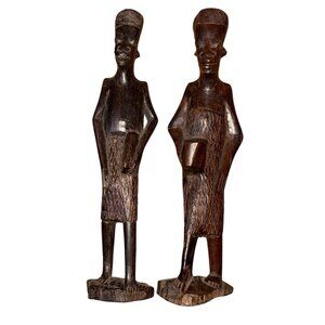 African Ebony Man and Woman Tribal Wooden Hand Carved Figurines